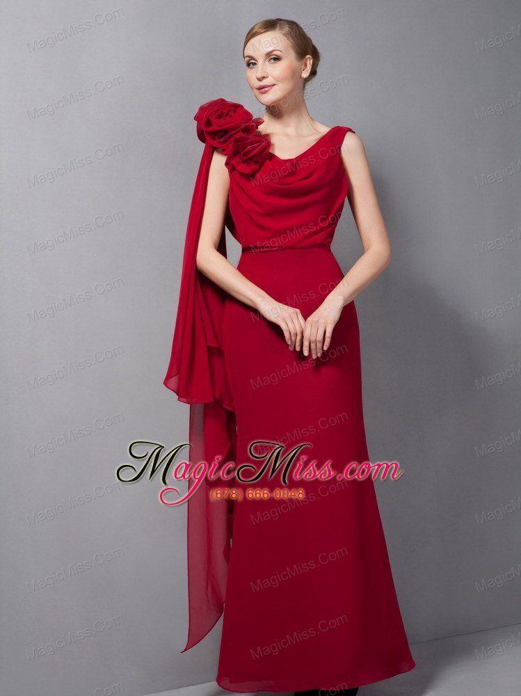 wholesale wine red column v-neck floor-length chiffon hand made flower mother of the bride dress