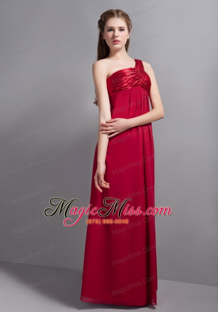 wholesale wine red empire one shoulder ankle-length chiffon and taffeta ruch prom dress