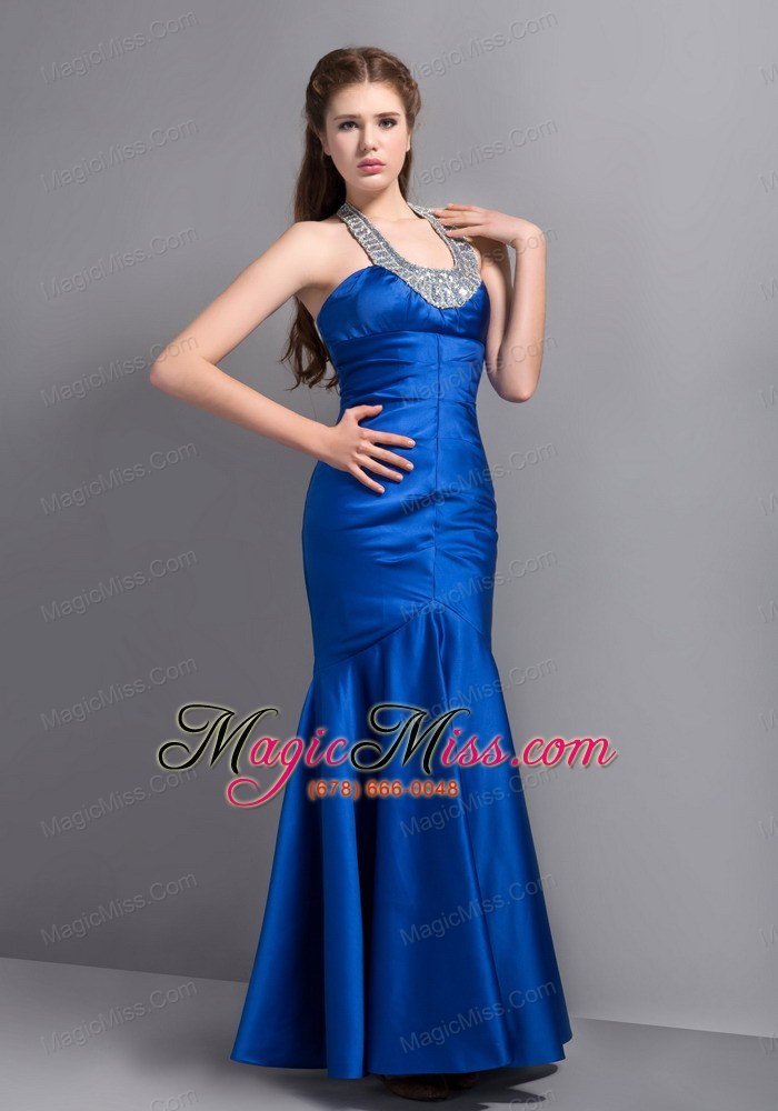 wholesale customize royal blue mermaid halter beading prom dress ankle-length taffeta