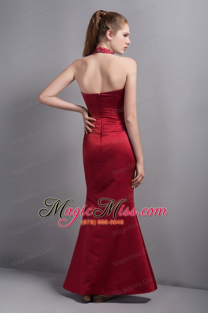 wholesale popular wine red satin mermaid halter top bridesmaid dress with beading