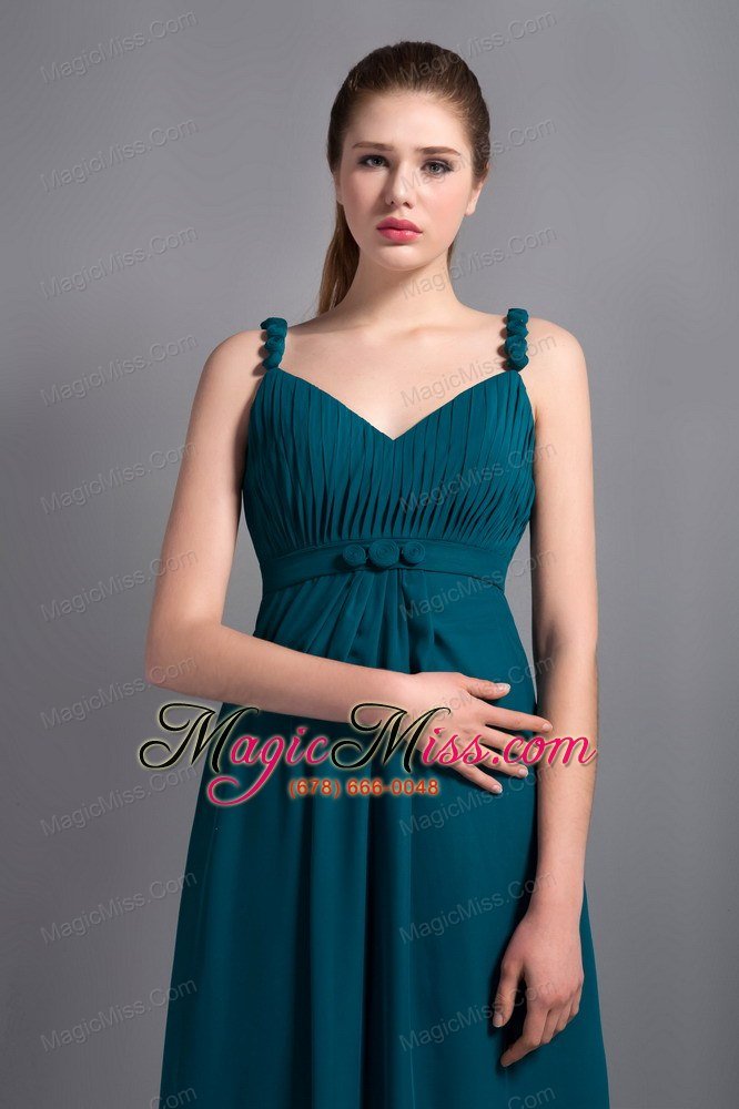 wholesale turquoise empire v-neck ankle-length chiffon ruch prom dress