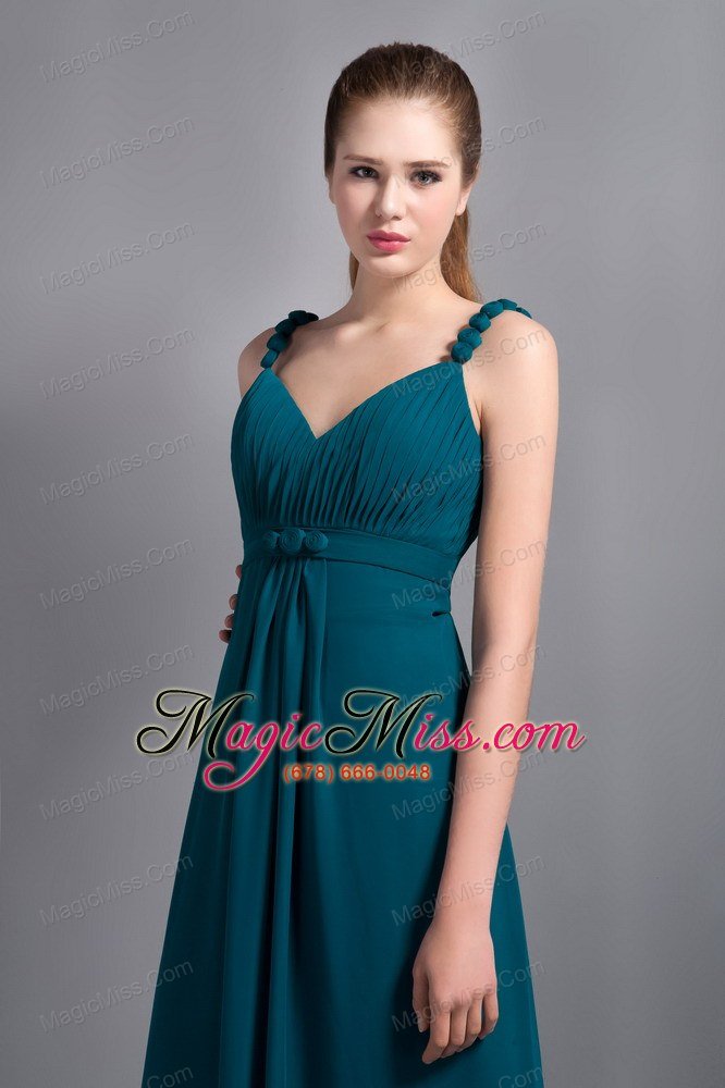 wholesale turquoise empire v-neck ankle-length chiffon ruch prom dress
