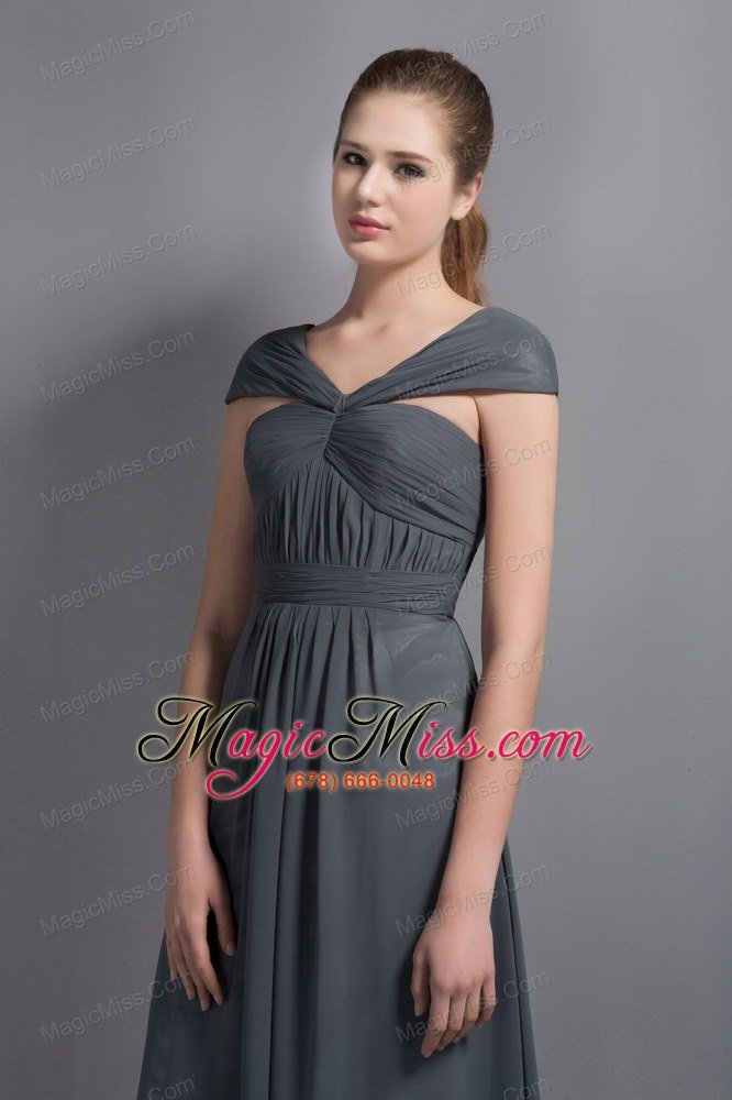 wholesale grey empire v-neck ankle-length chiffon ruch prom dress