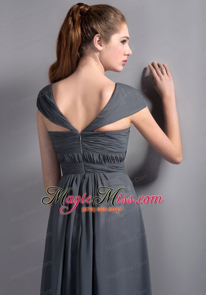 wholesale grey empire v-neck ankle-length chiffon ruch prom dress