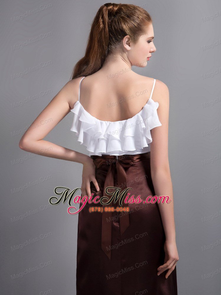 wholesale white and brown column straps ankle-length taffeta and organza ruffled layers prom dress