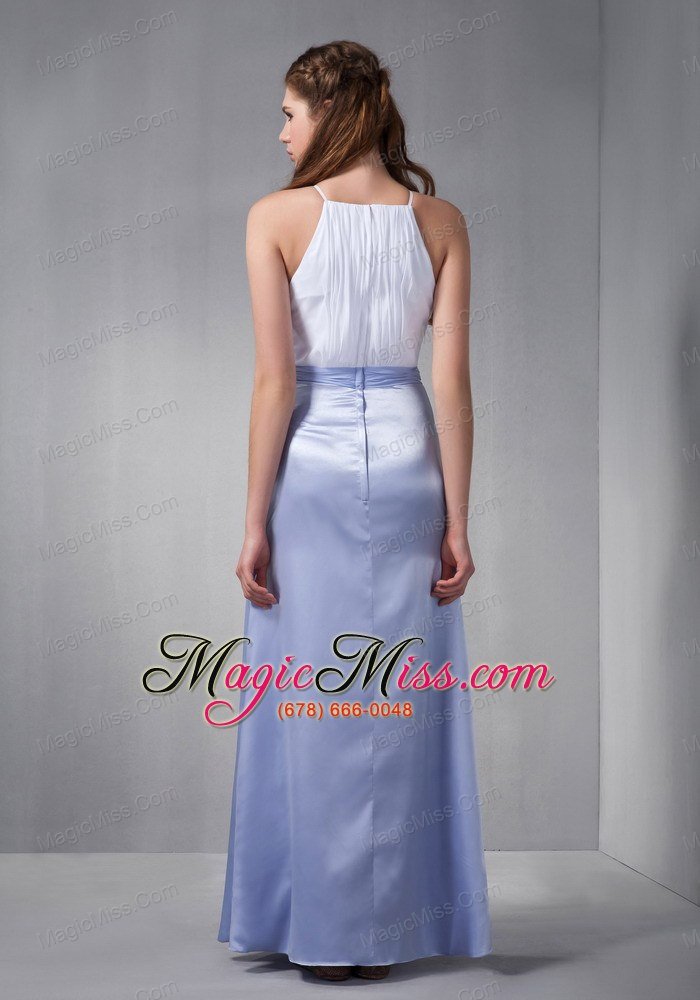 wholesale white and lilac column scoop floor-length elastic woven satin hand made flower prom dress