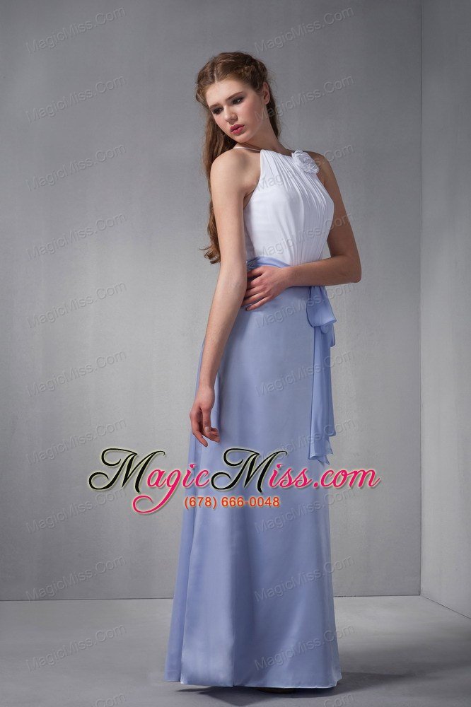 wholesale white and lilac column scoop floor-length elastic woven satin hand made flower prom dress