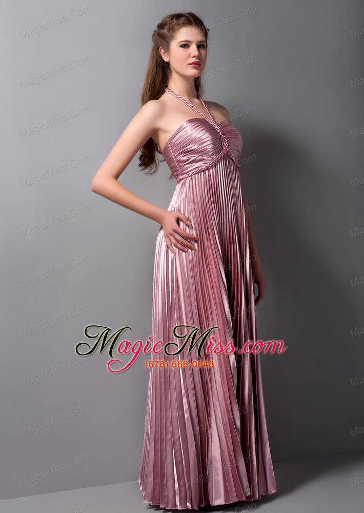 wholesale pink column halter floor-length elastic woven satin pleat prom dress