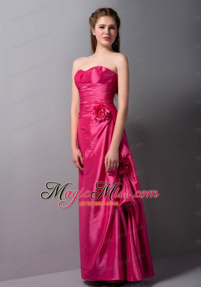 wholesale customize coral red column sweetheart hand made flowers bridesmaid dress ankle-length taffeta