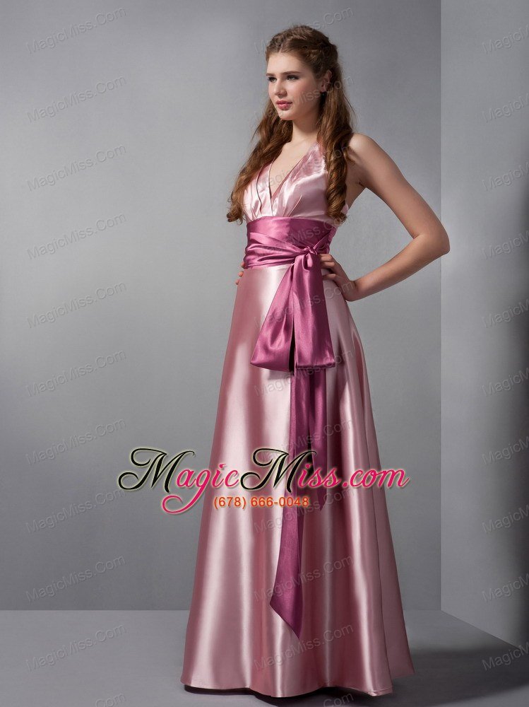 wholesale customize pink column v-neck sash bridesmaid dress floor-length elastic woven satin