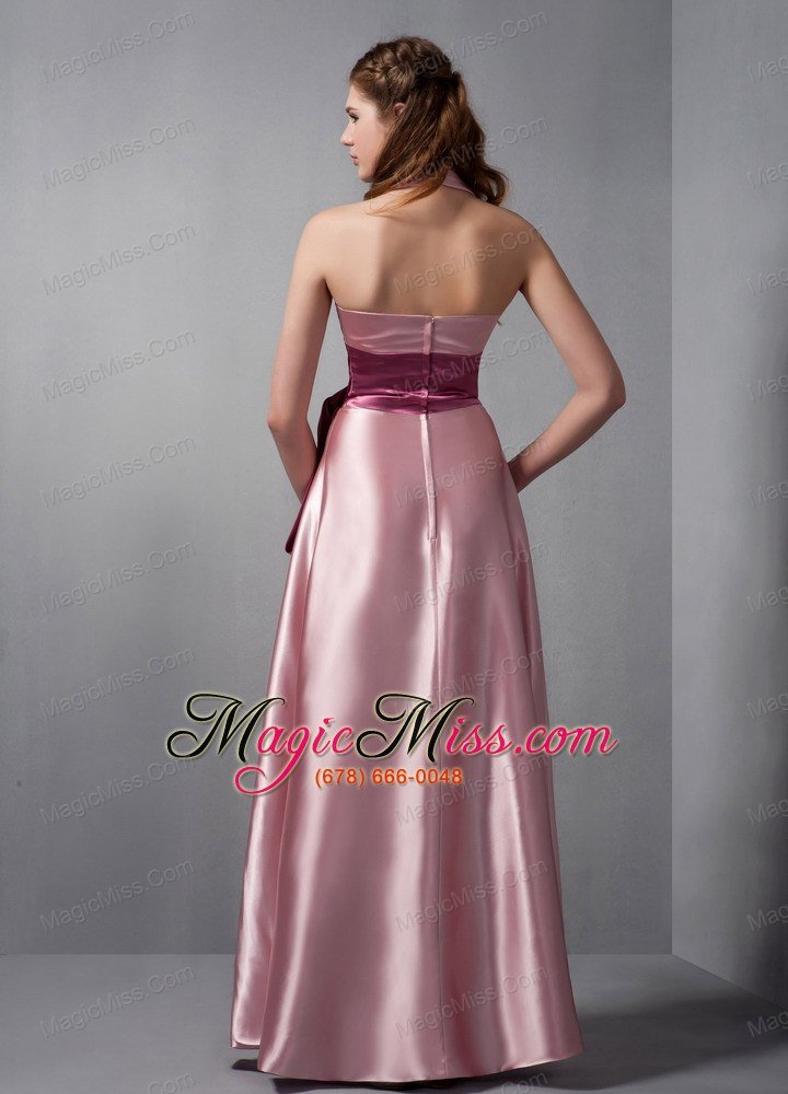 wholesale customize pink column v-neck sash bridesmaid dress floor-length elastic woven satin