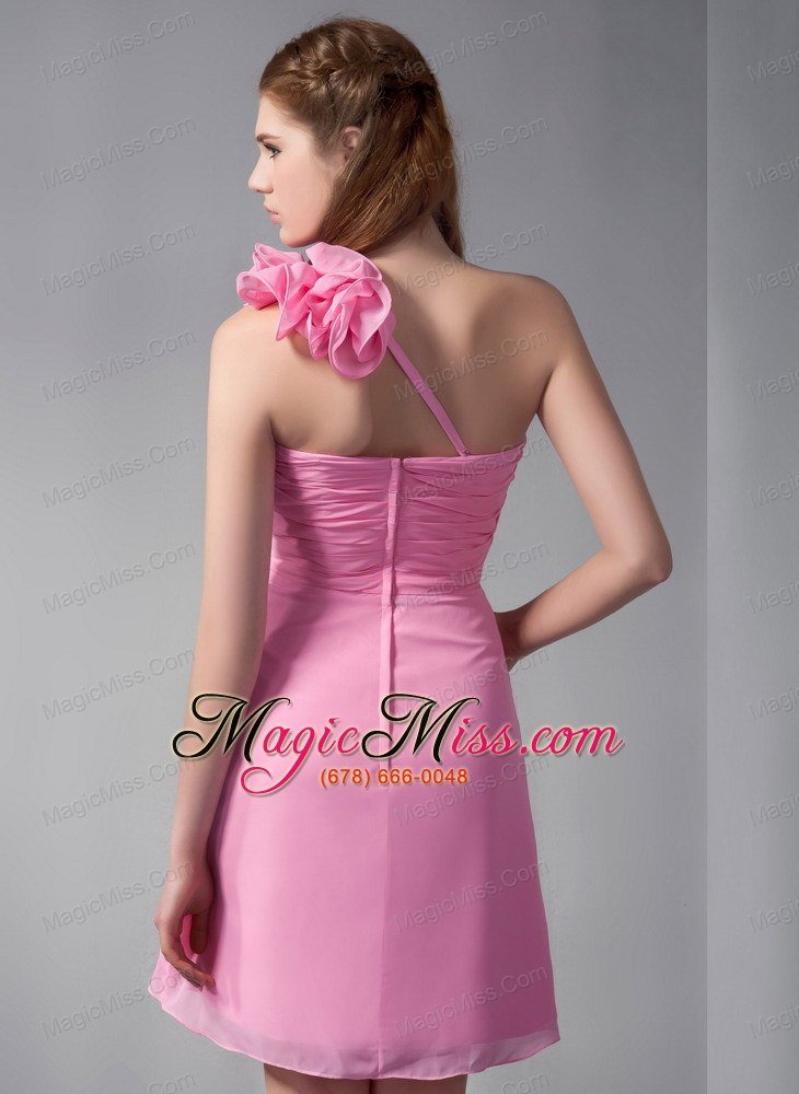 wholesale pink empire one shoulder mini-length chiffon hand made flowers prom dress