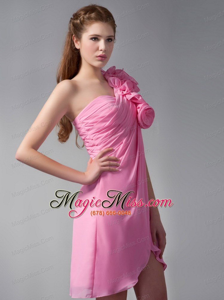 wholesale pink empire one shoulder mini-length chiffon hand made flowers prom dress