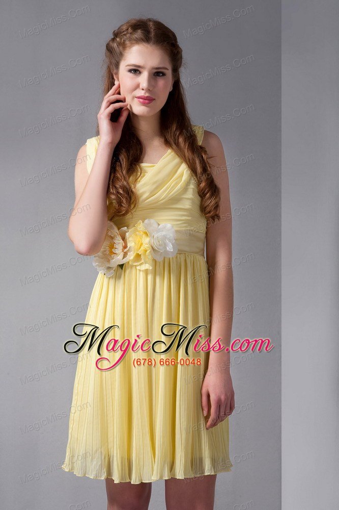 wholesale yellow empire straps mini-length organza hand made flower prom dress