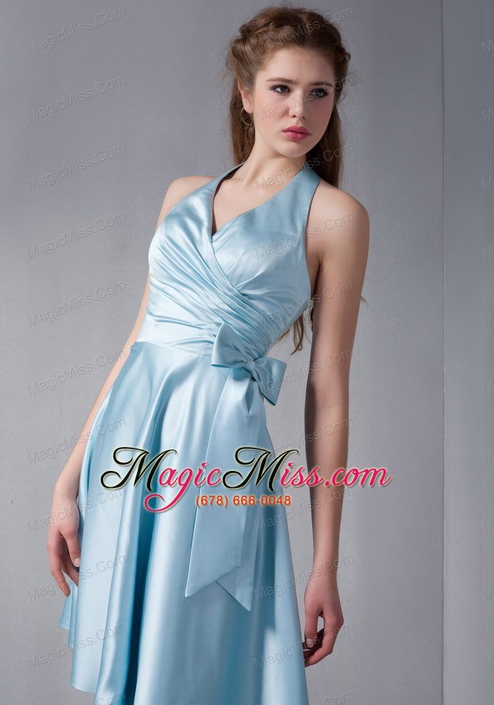 wholesale sky blue a-line halter asymmetrical elastic woven satin ruch prom dress