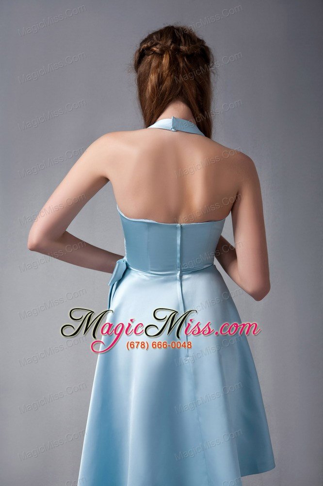 wholesale sky blue a-line halter asymmetrical elastic woven satin ruch prom dress