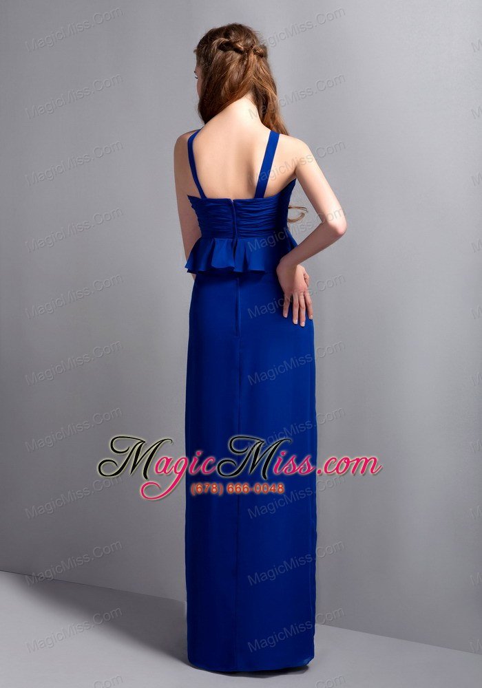 wholesale blue column v-neck floor-length chiffon ruch prom dress