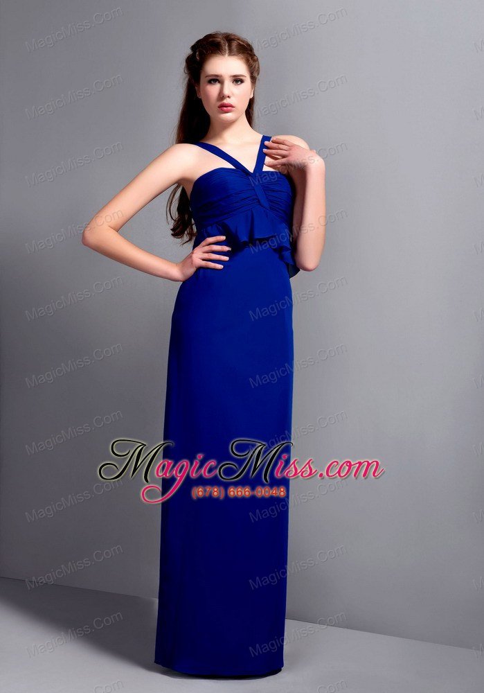 wholesale blue column v-neck floor-length chiffon ruch prom dress