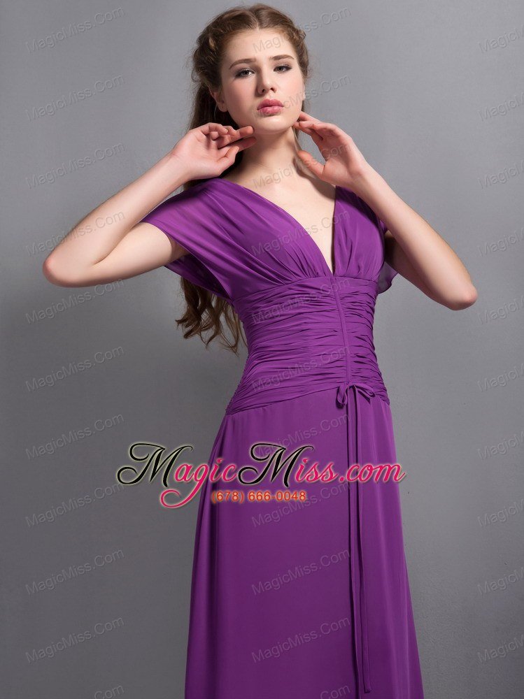 wholesale purple column v-neck floor-length chiffon ruch prom dress