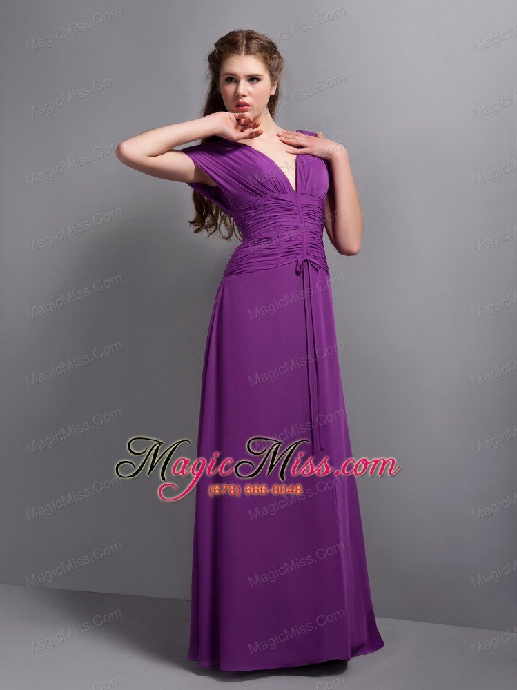 wholesale purple column v-neck floor-length chiffon ruch prom dress