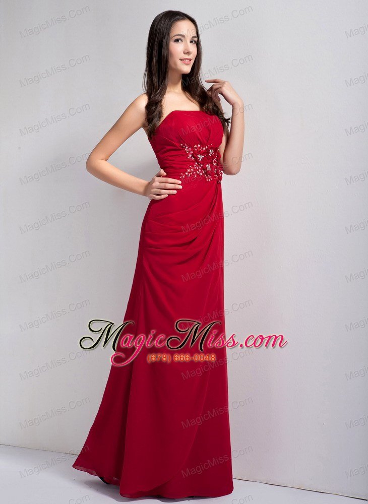 wholesale exquisite wine red empire strapless appliques with beading prom dress floor-legnth chiffon