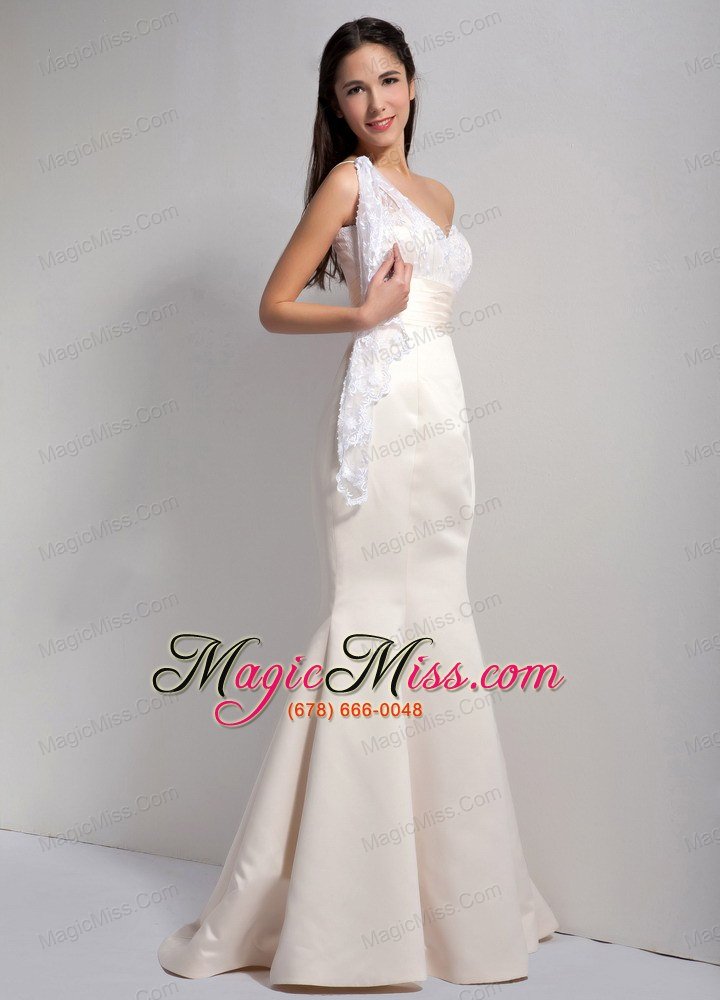 wholesale classical off white mermaid one shoulder bridesmaid dress floor-length satin and lace