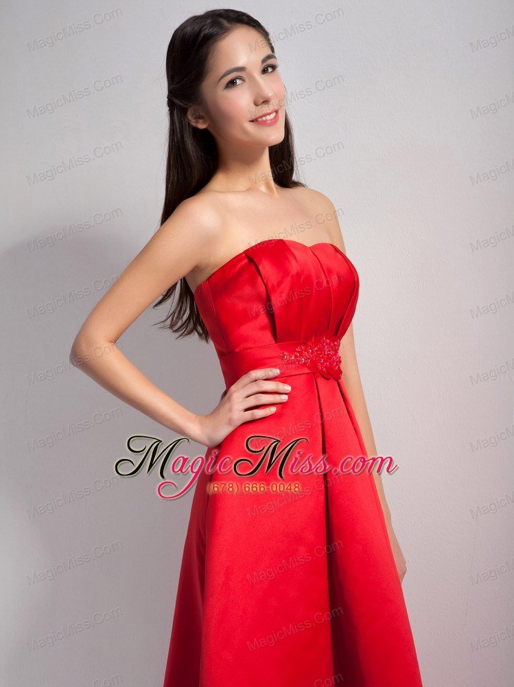 wholesale lovely red a-line strapless appliques bridesmaid dress high-low satin