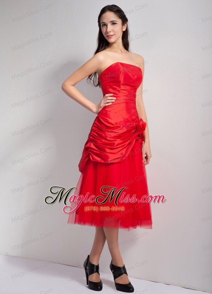 wholesale red a-line strapless tea-length taffeta and tulle hand made flowers prom dress