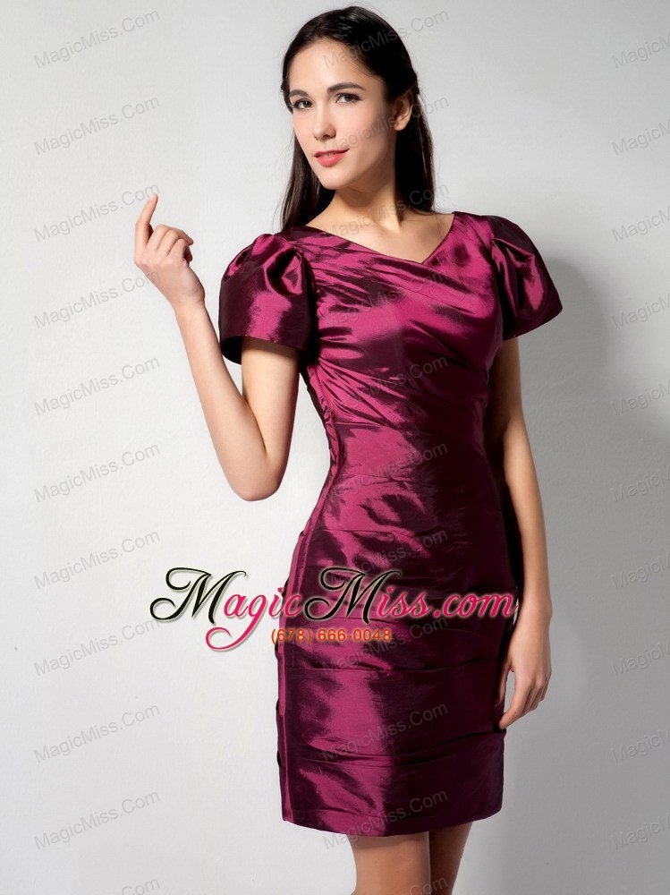 wholesale low price burgundy column v-neck bridesmaid dress mini-length taffeta
