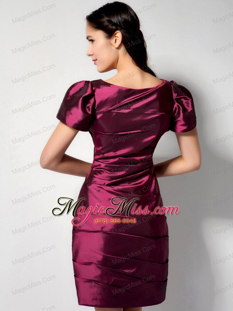 wholesale low price burgundy column v-neck bridesmaid dress mini-length taffeta