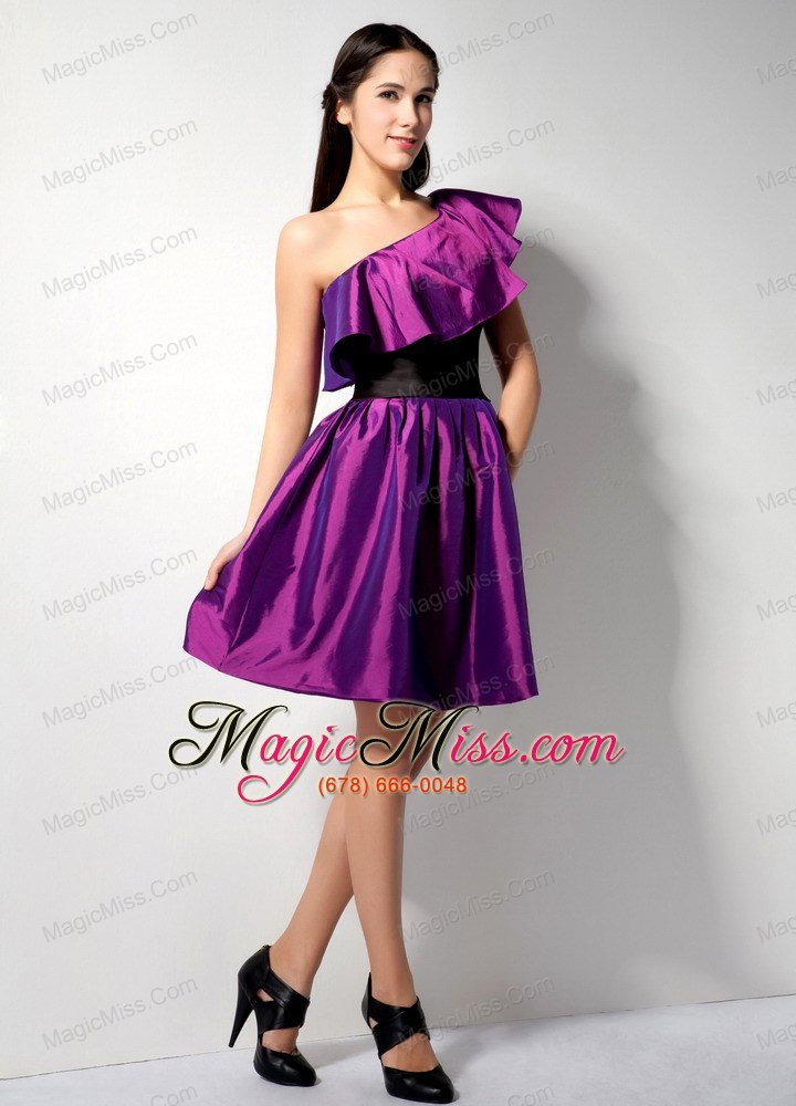 wholesale the most popular eggplant purple a-line one shoulder knee-length taffeta belt bridesmaid dress