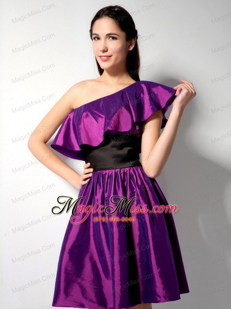 wholesale the most popular eggplant purple a-line one shoulder knee-length taffeta belt bridesmaid dress