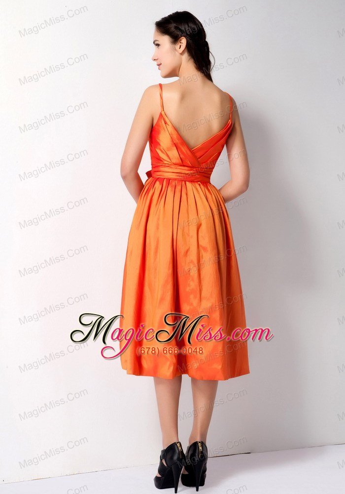 wholesale customize orange a-line spaghetti straps bow bridesmaid dress tea-length taffeta