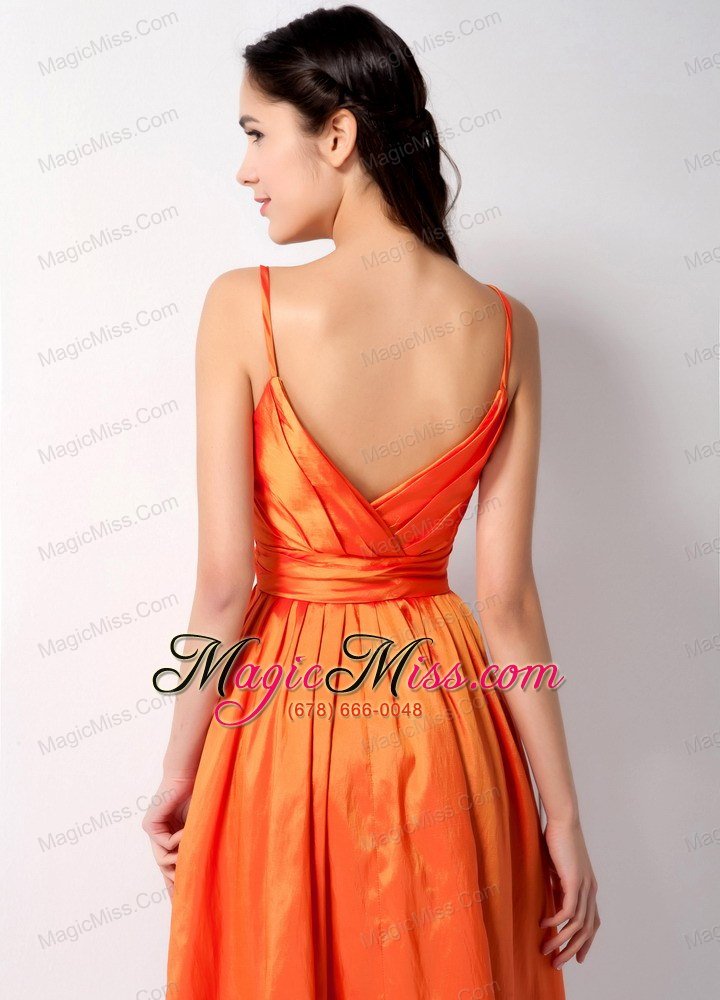 wholesale customize orange a-line spaghetti straps bow bridesmaid dress tea-length taffeta