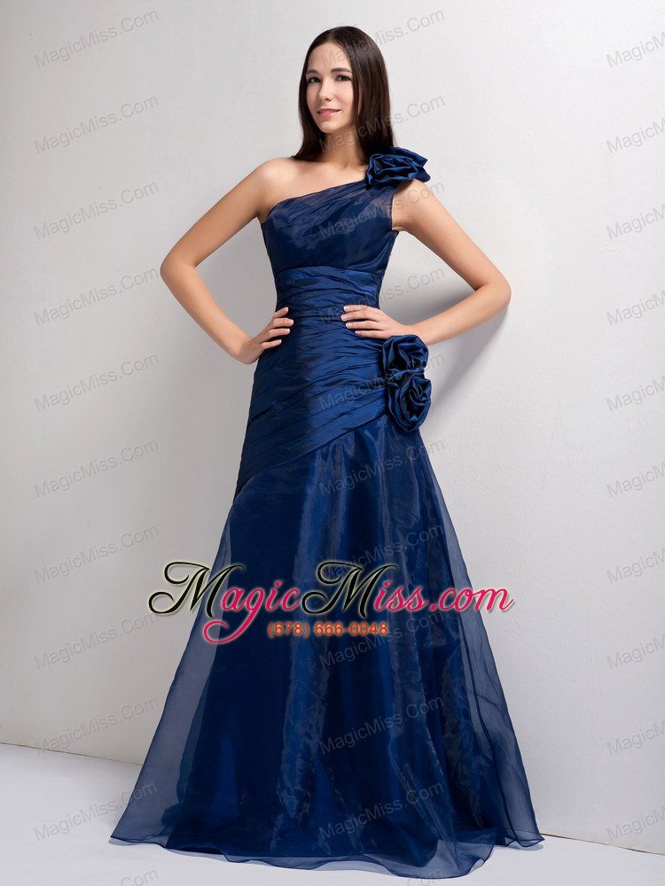 wholesale navy blue a-line one shoulder floor-length tafeta and organza hand made flowers prom dress