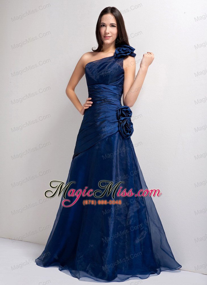 wholesale navy blue a-line one shoulder floor-length tafeta and organza hand made flowers prom dress