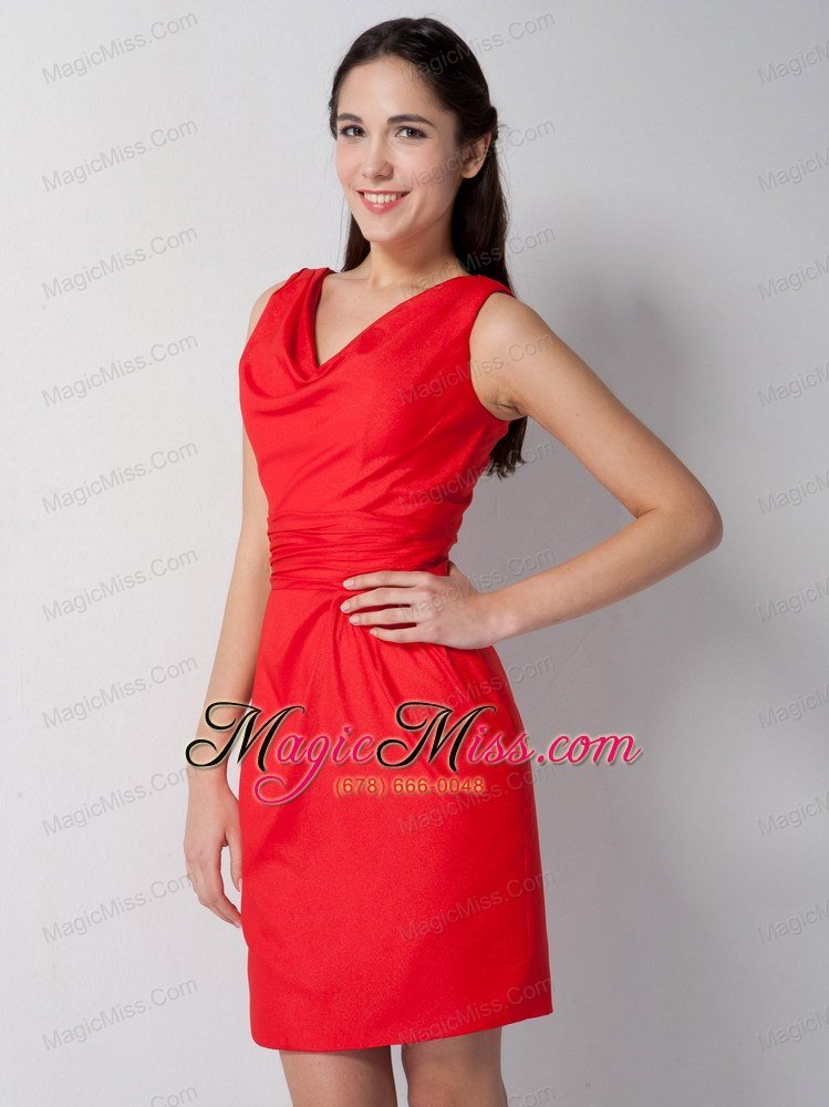 wholesale pretty red column v-neck bridesmaid dress mini-length elastic woven satin