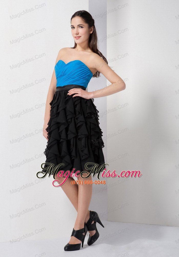 wholesale custom made sky blue and black a-line prom / cocktail dress sweetheart knee-length chiffon ruch and ruffles
