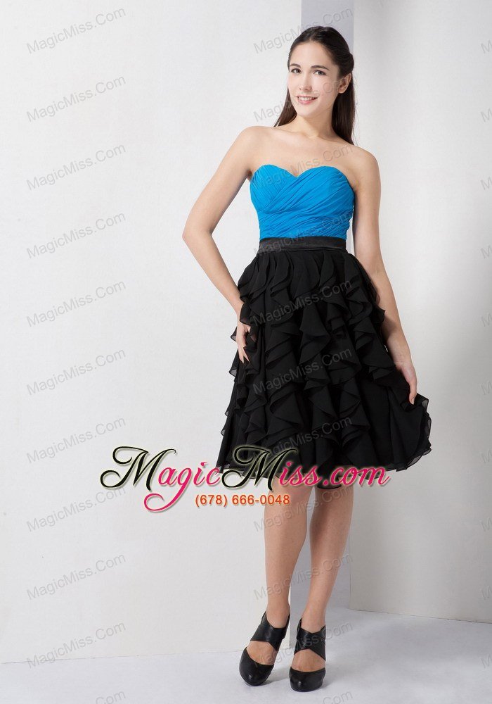 wholesale custom made sky blue and black a-line prom / cocktail dress sweetheart knee-length chiffon ruch and ruffles