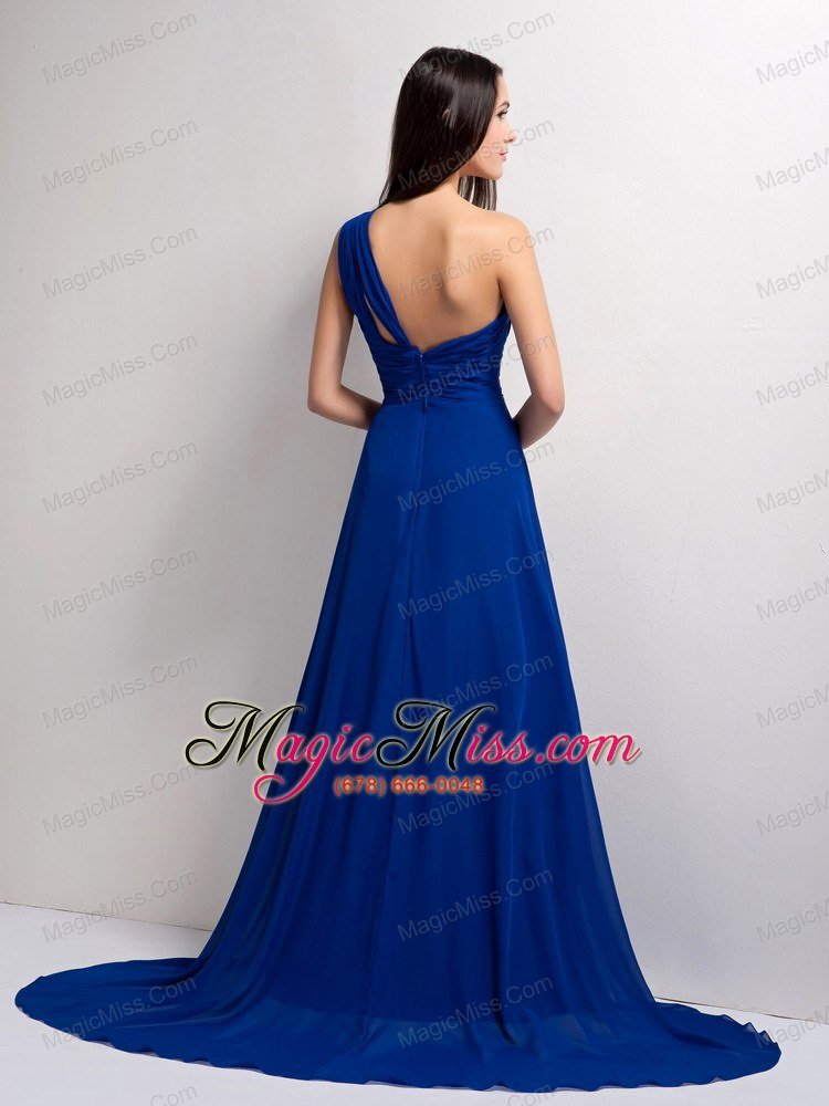 wholesale customize peacock blue a-line one shoulder ruch bridesmaid dress court train elastic wove satin and chiffon