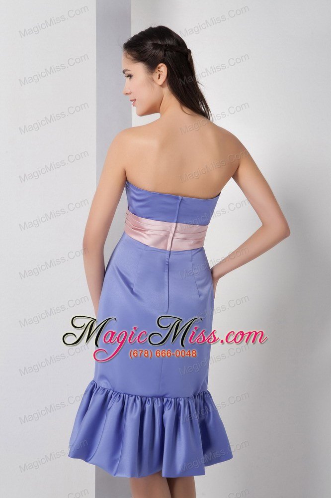 wholesale customize lilac column strapless bridesmaid dress elastic woven satin belt and ruch knee-length