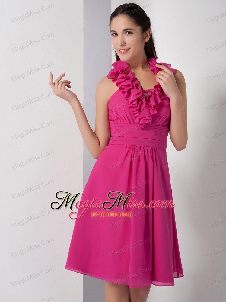 wholesale hot pink a-line halter bridesmaid dress chiffon ruch knee-length