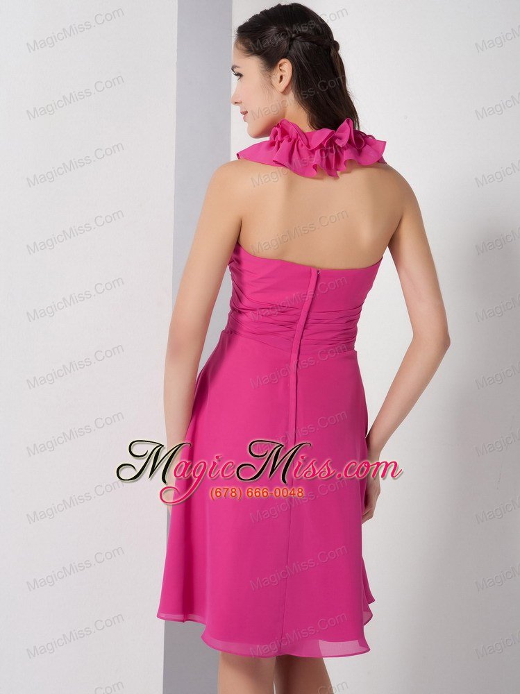 wholesale hot pink a-line halter bridesmaid dress chiffon ruch knee-length