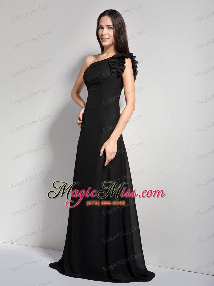 wholesale black a-line one shoulder brush train chiffon prom dress