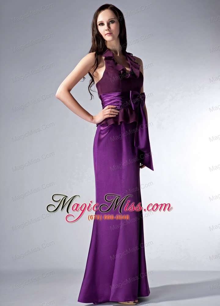 wholesale custom made eggplant purple cloumn halter bridesmaid dress bow brush train elastic woven satin and chiffon