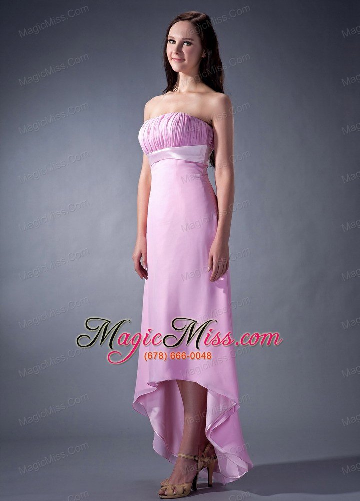 wholesale lavender cloumn strapless high-low chiffon ruch bridesmaid dress
