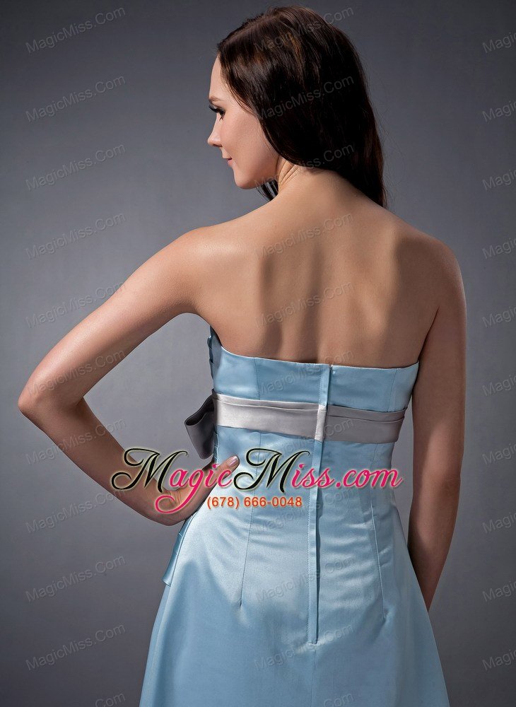 wholesale baby blue cloumn sweetheart ankle-length satin ruch and bow bridesmaid dress