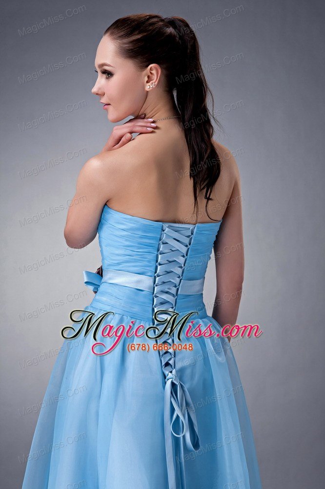 wholesale custom made baby blue a-line / princess bridesmaid dress strapless hand made flower tea-length chiffon
