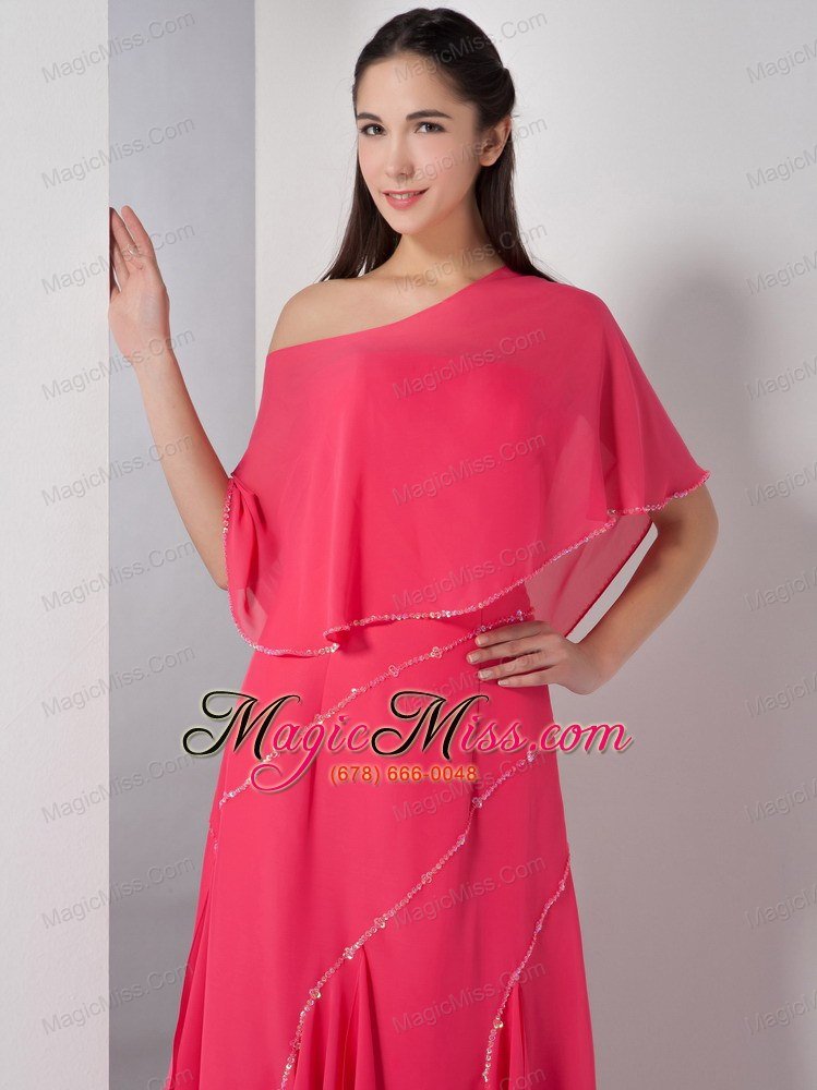 wholesale coral red empire strapless tea-length chiffon beading bridesmaid dress