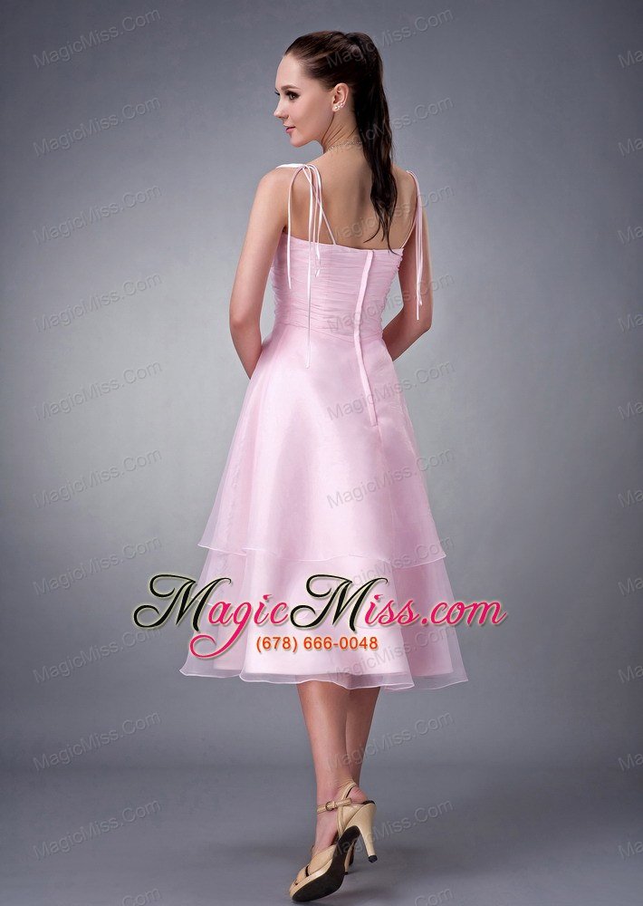 wholesale exclusive baby pink a-line / princess v-neck bridesmaid dress organza ruch tea-length